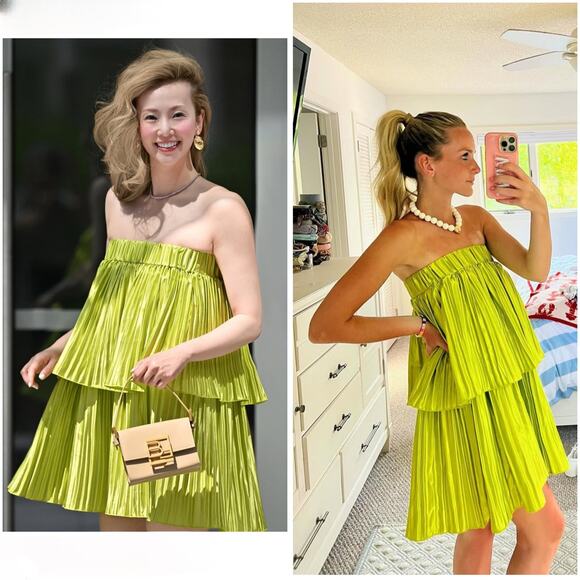 L'IDÉE Dresses & Skirts - L'IDEE Pleated Reveries Green Strapless Tiered Ruffle Mini Dress 6 / Medium